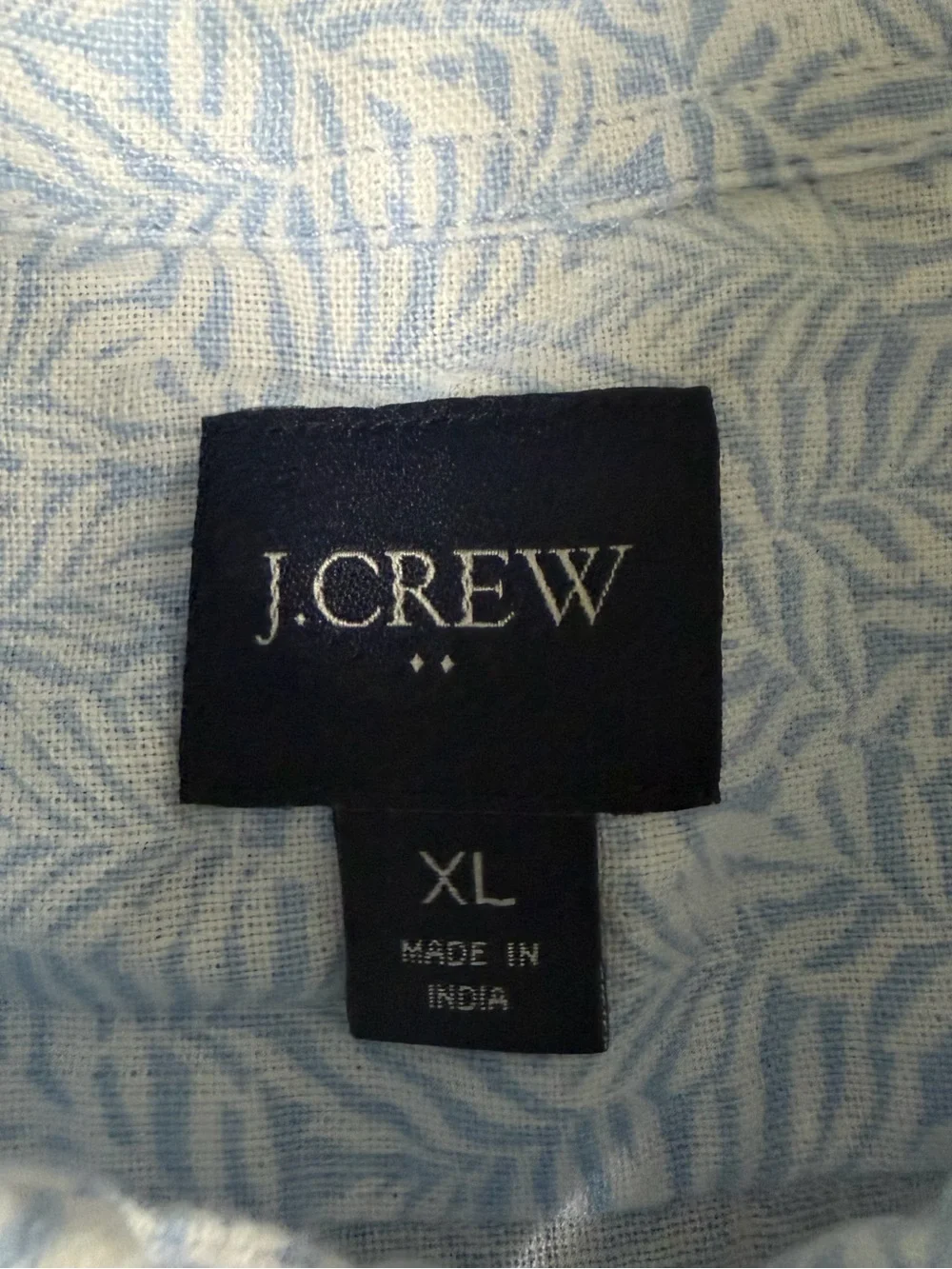 J Crew Linen Blend Button Down Shirt Mens XL Blue White Palm Printed Pocket